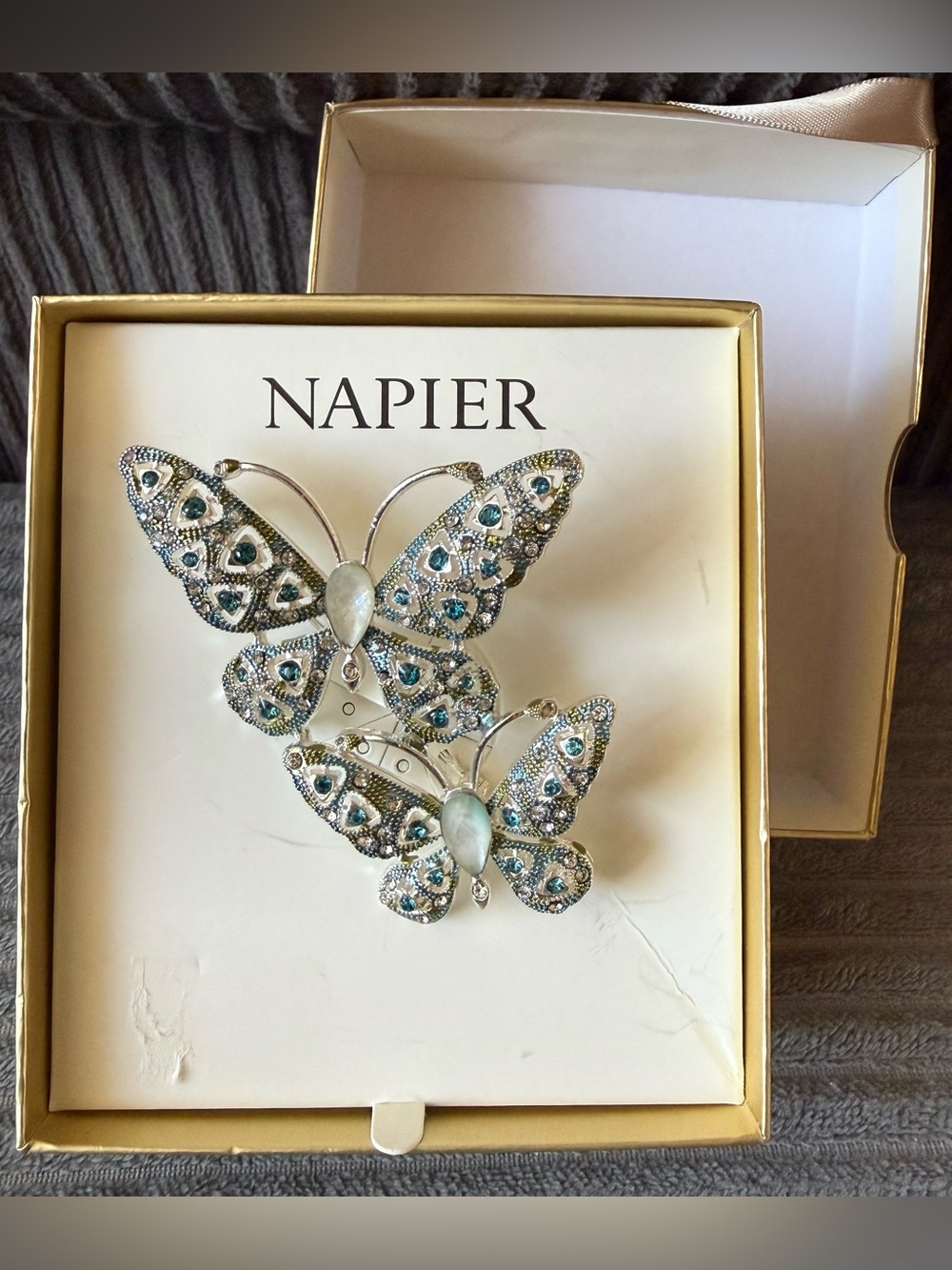 Napier Silver-Tone Butterfly Brooch with Blue and Opalescent Rhinestone New
